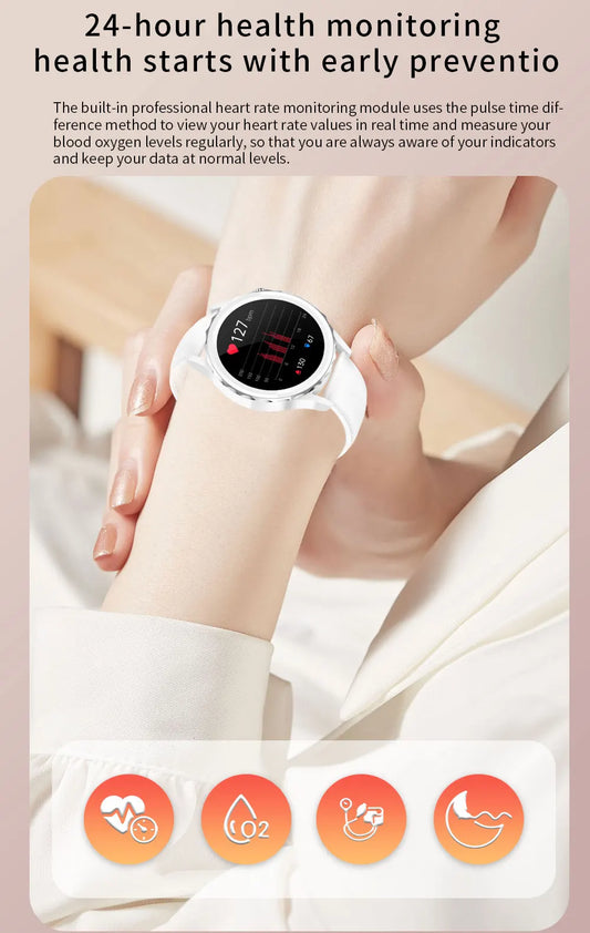 Valdus LC 304 women’s smartwatch featuring IP68 waterproofing, AI voice assistance, and an elegant design.
