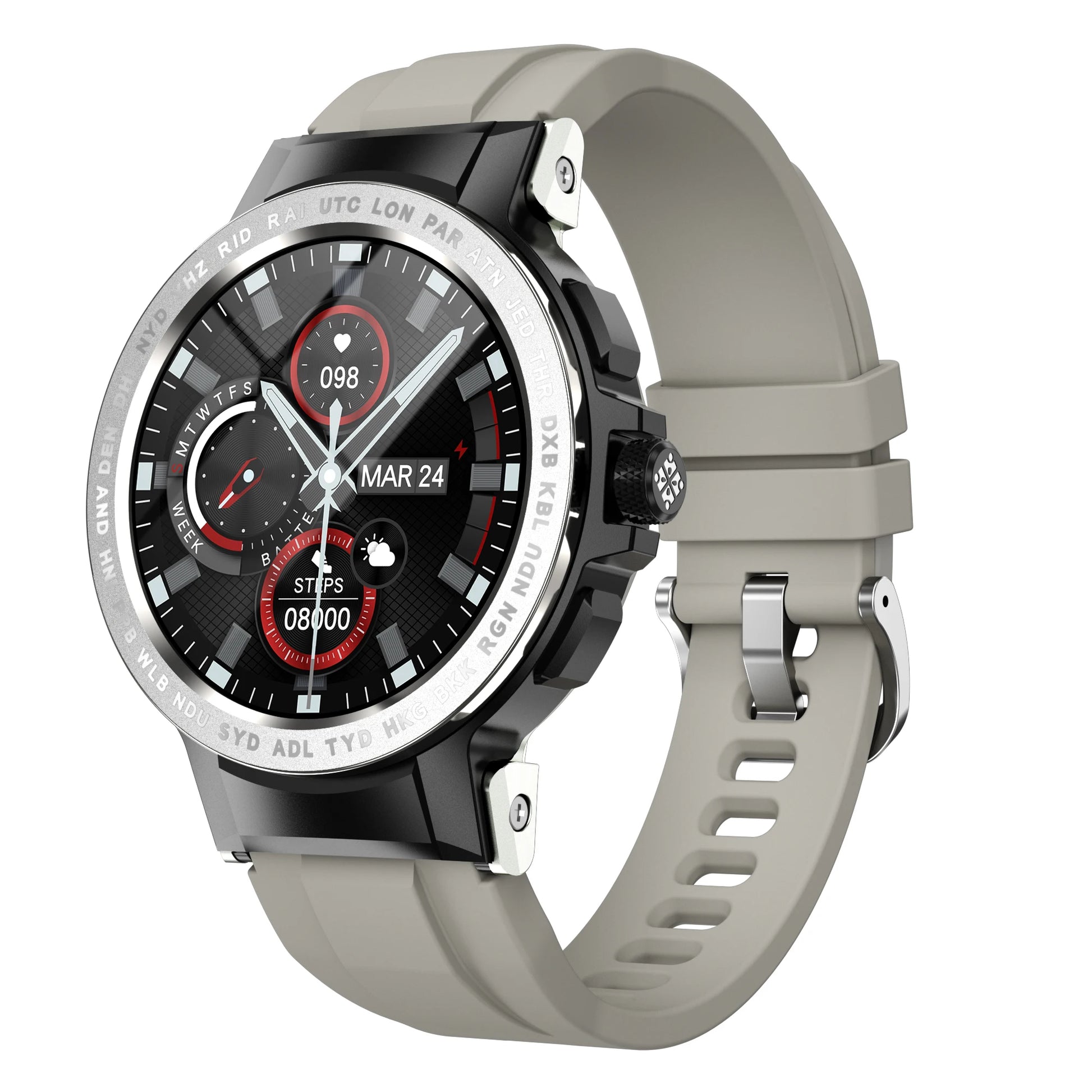 Stylish E19 smartwatch with a round dial, showcasing its waterproof feature and modern design.

