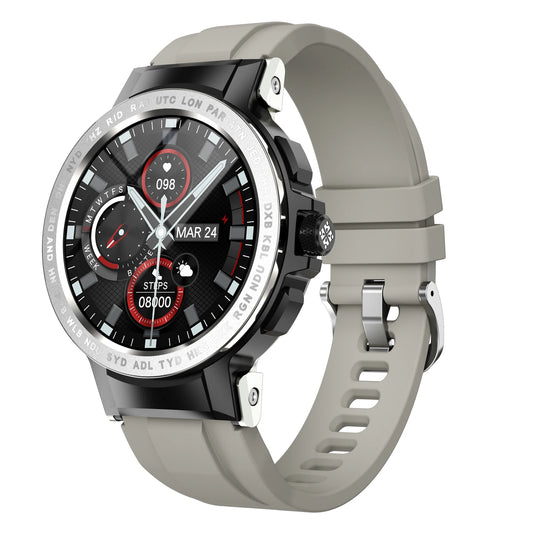 Stylish E19 smartwatch with a round dial, showcasing its waterproof feature and modern design.

