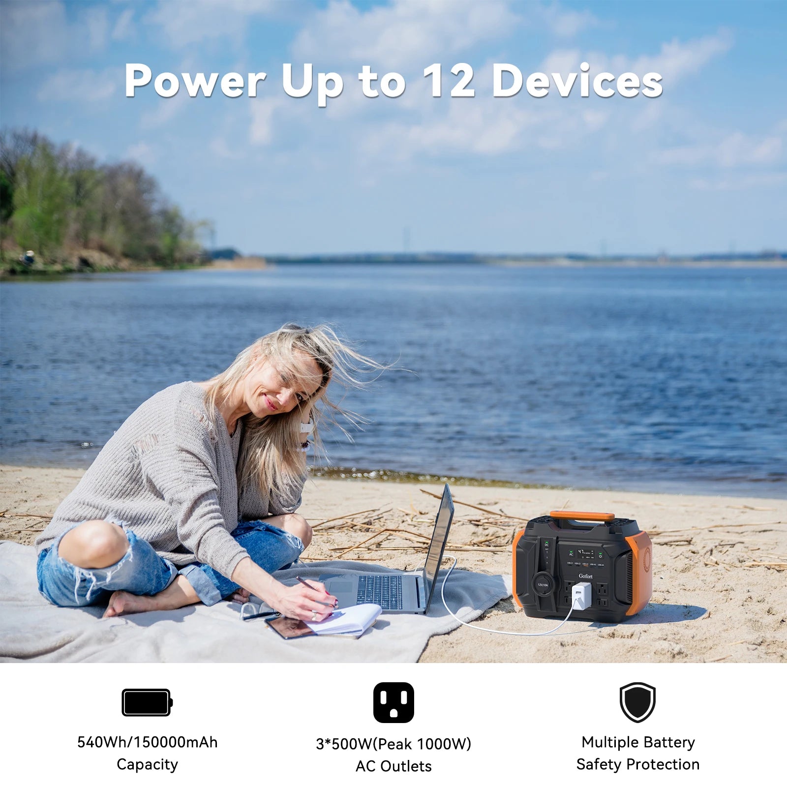 Portable power station with 540Wh capacity, 500W output, and multiple charging ports.

