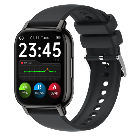 P66 smartwatch featuring a square design with adjustable brightness and a silicone band.


