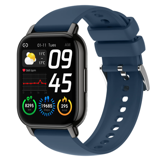 P66 smartwatch featuring a square design with adjustable brightness and a silicone band.

