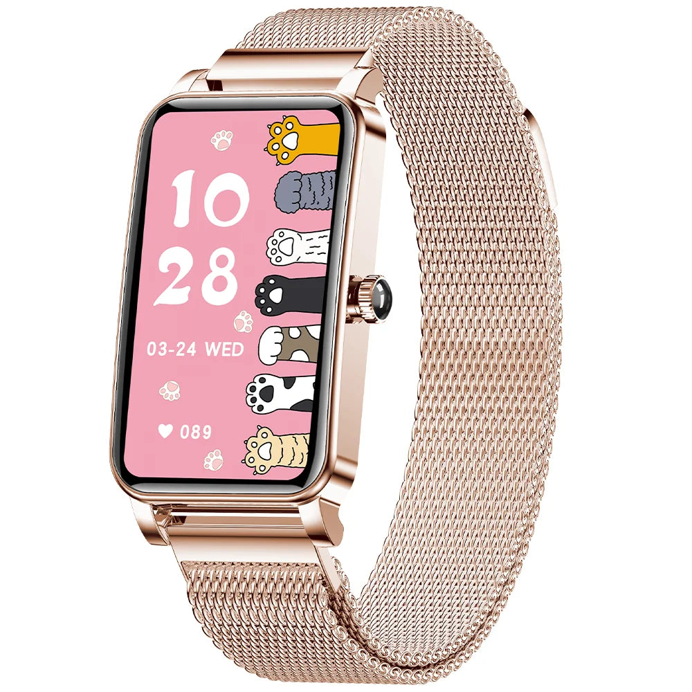 Stylish women's smartwatch featuring an elegant round display and fitness tracking.

