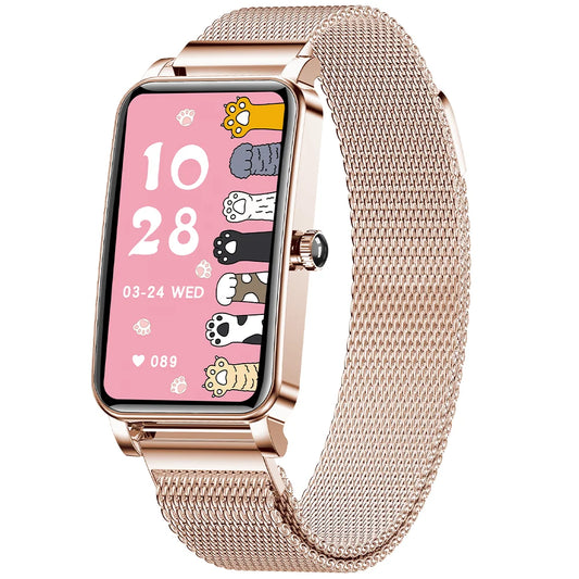 Stylish women's smartwatch featuring an elegant round display and fitness tracking.

