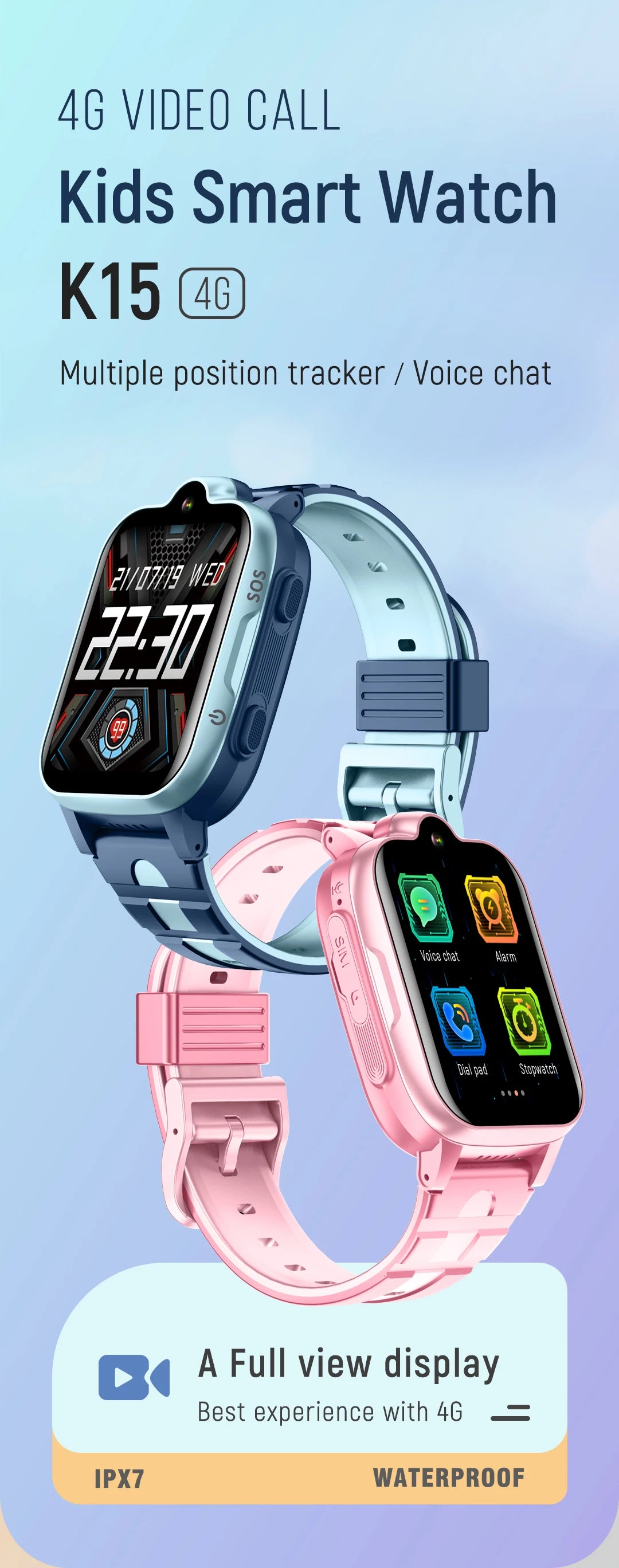 Valdus K15 smartwatch featuring IPX7 waterproofing, GPS location tracking, and fitness monitoring.

