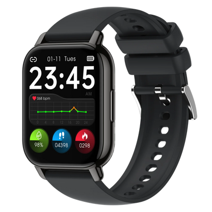 P66 smartwatch featuring a square design with adjustable brightness and a silicone band.

