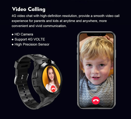 Kids 4G GPS smartwatch with phone call and tracking features, designed for safety and durability.

