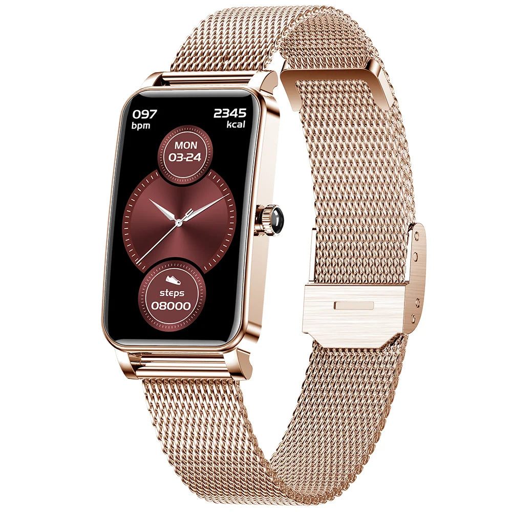 Stylish women's smartwatch featuring an elegant round display and fitness tracking.

