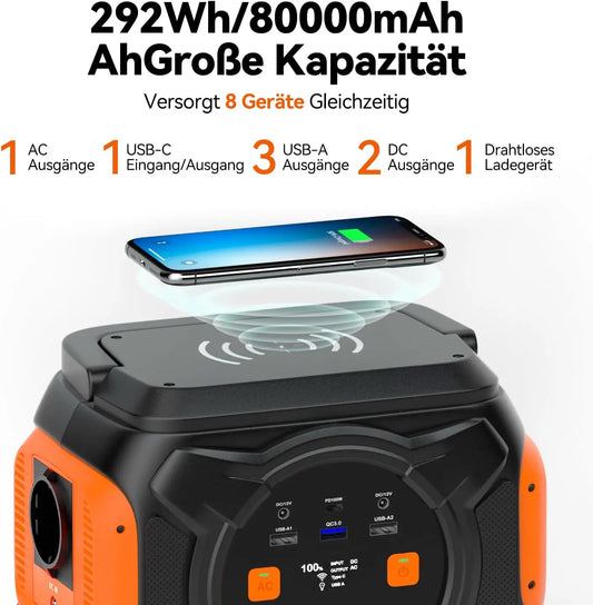 Flashfish A301 Portable Power Station with 320W output and wireless charging capability.

