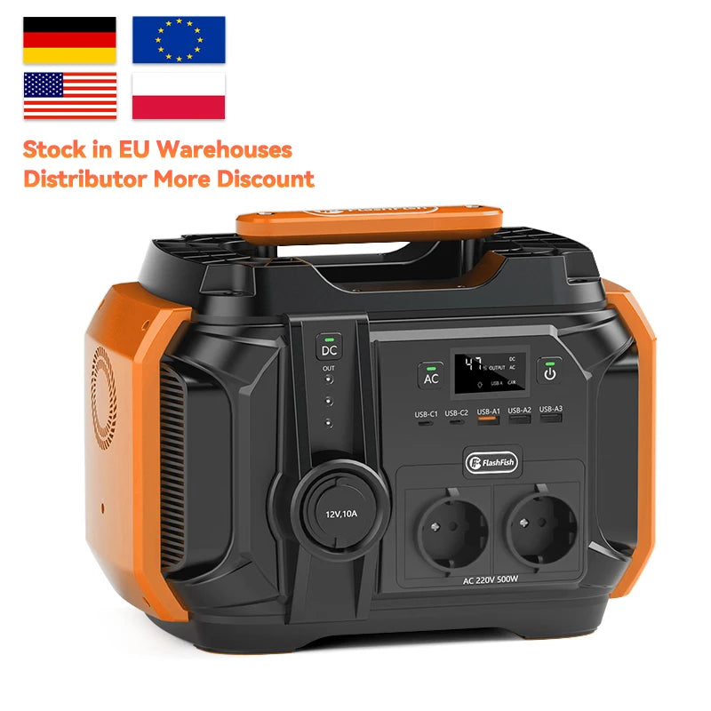 Portable power station with 540Wh capacity, 500W output, and multiple charging ports.

