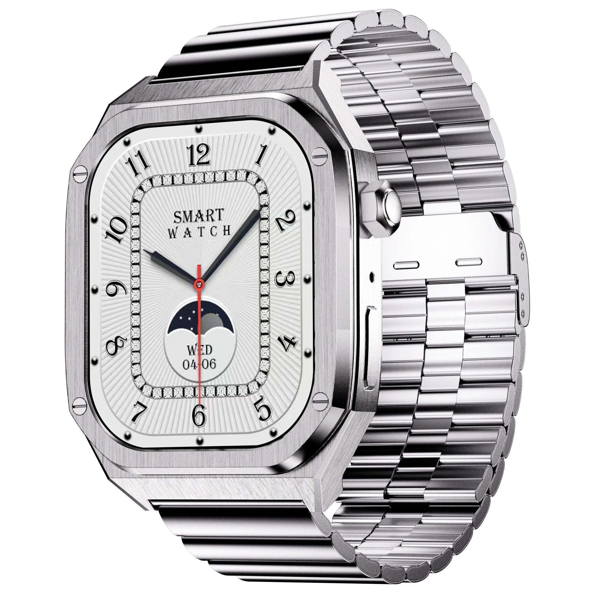 Smartwatch with a 1.96-inch screen, showcasing IP68 waterproof and ECG features.

