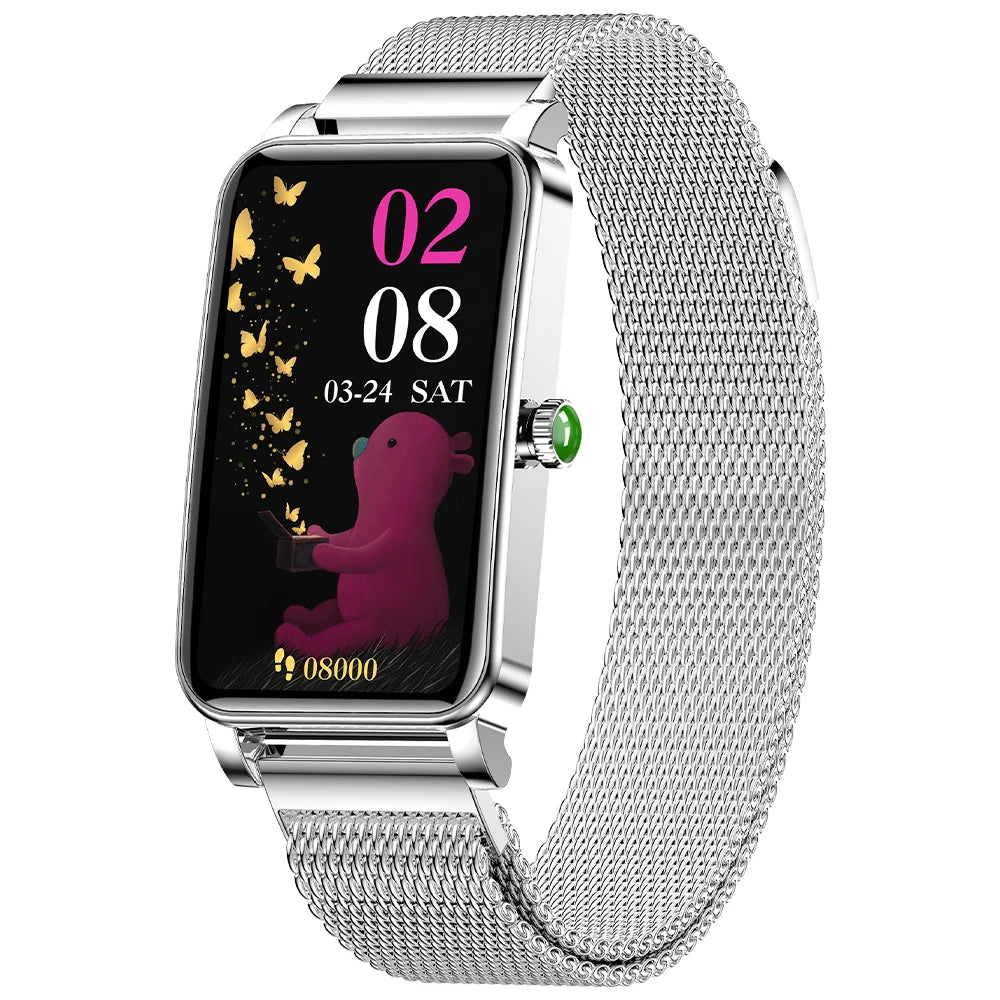 Stylish women's smartwatch featuring an elegant round display and fitness tracking.

