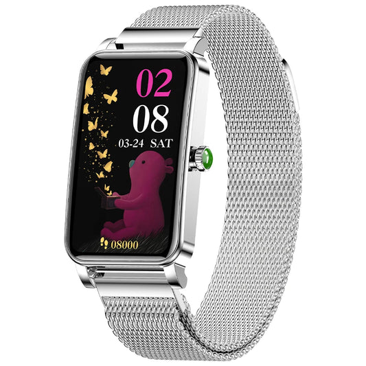 Stylish women's smartwatch featuring an elegant round display and fitness tracking.

