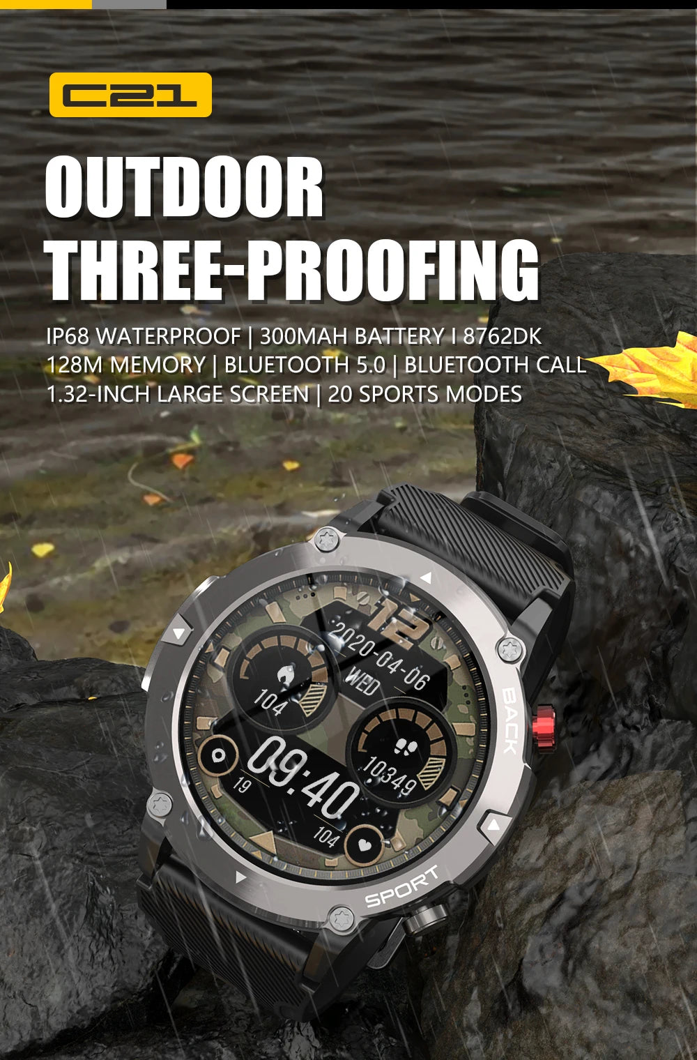 Valdus Outdoor Smartwatch featuring IP68 waterproofing, Bluetooth calling, and a rugged design.

