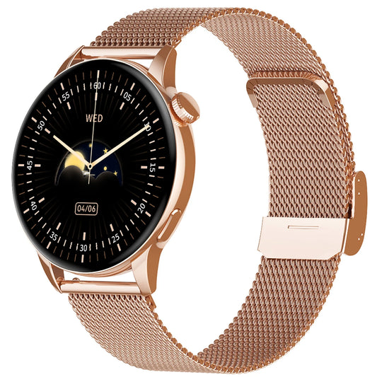 Gold smartwatch with a round dial, showcasing elegance and functionality.


