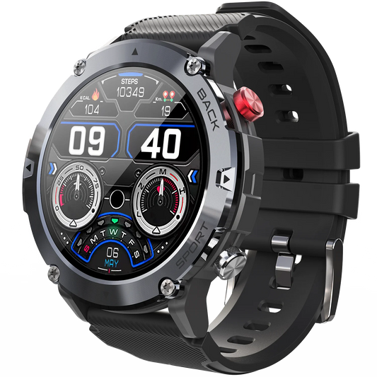 Valdus Outdoor Smartwatch featuring IP68 waterproofing, Bluetooth calling, and a rugged design.

