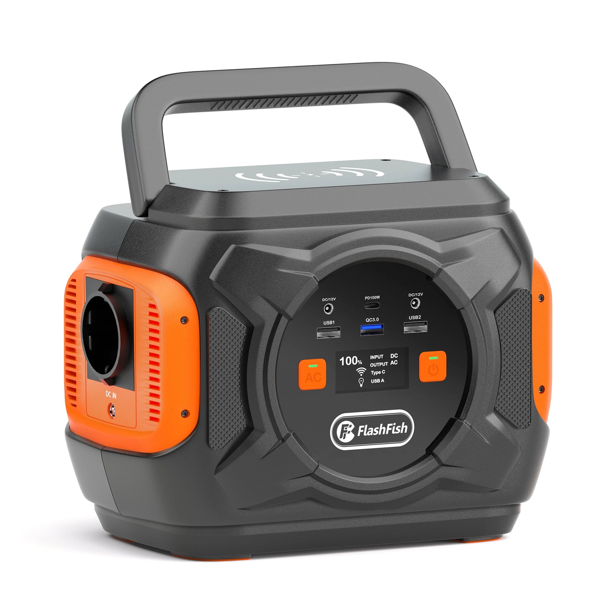 Flashfish A301 Portable Power Station with 320W output and wireless charging capability.


