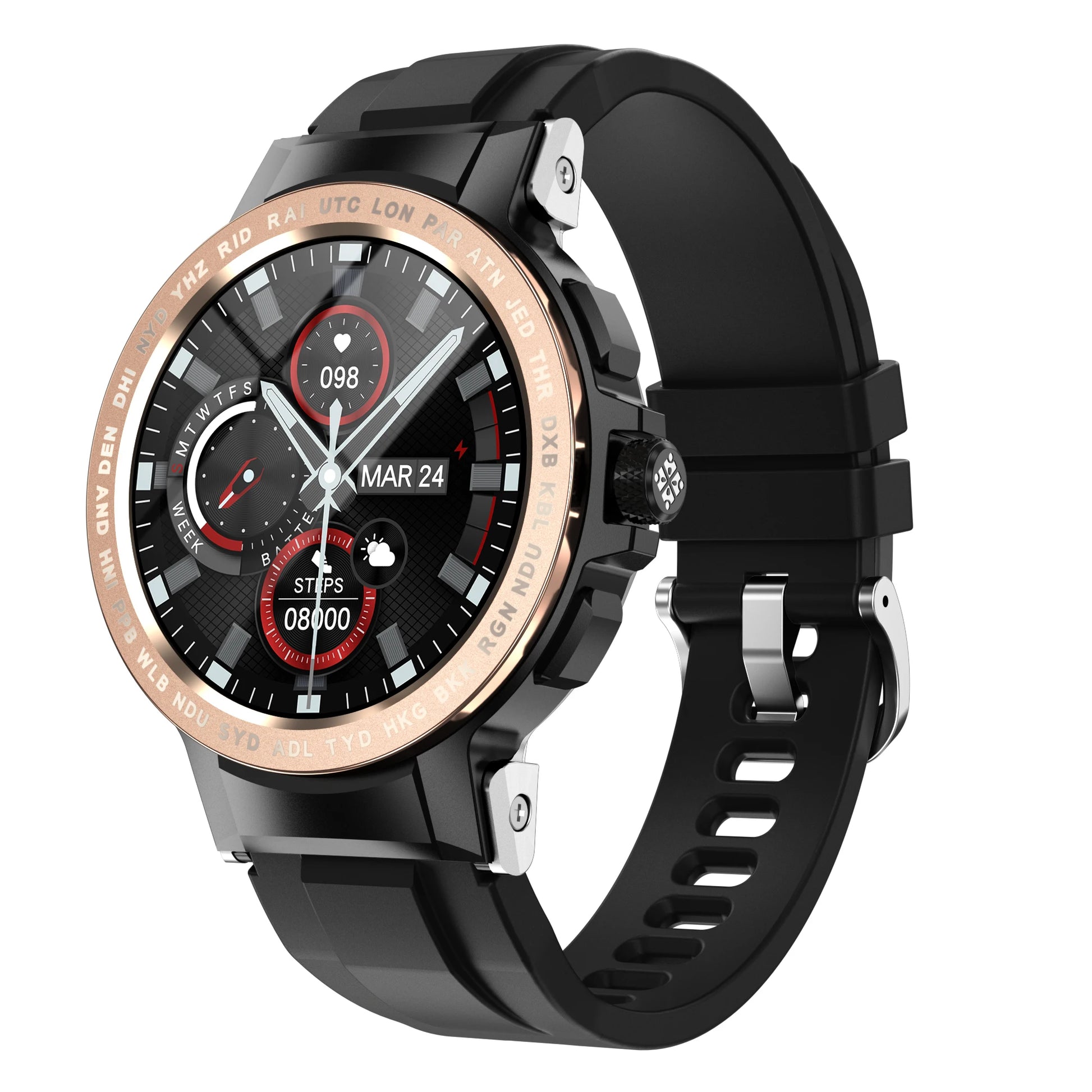 Stylish E19 smartwatch with a round dial, showcasing its waterproof feature and modern design.

