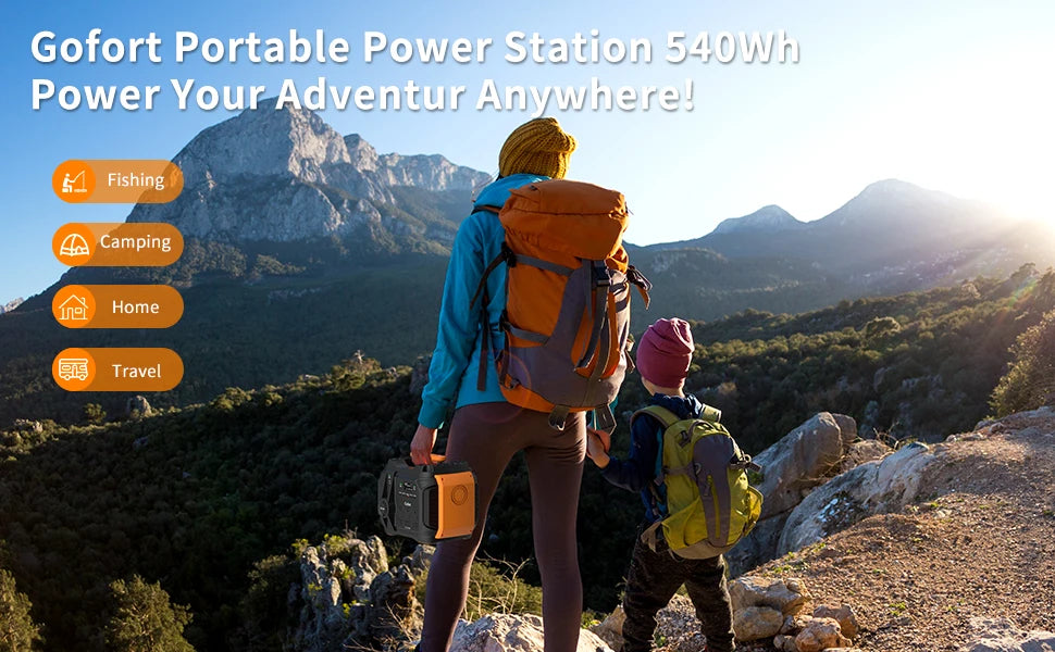 Portable power station with 540Wh capacity, 500W output, and multiple charging ports.

