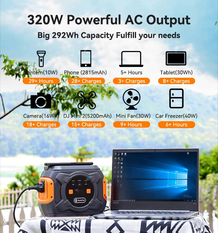 Flashfish A301 Portable Power Station with 320W output and wireless charging capability.

