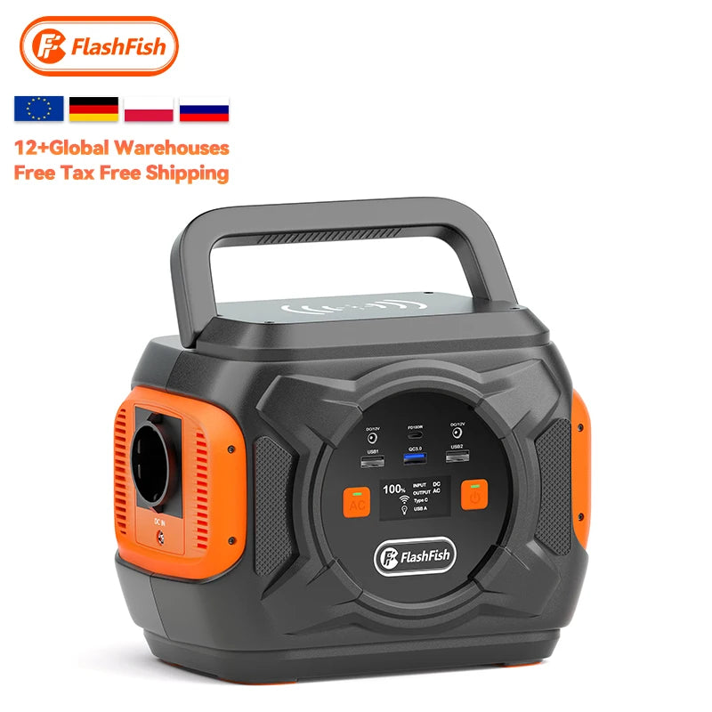 Flashfish A301 Portable Power Station with 320W output and wireless charging capability.

